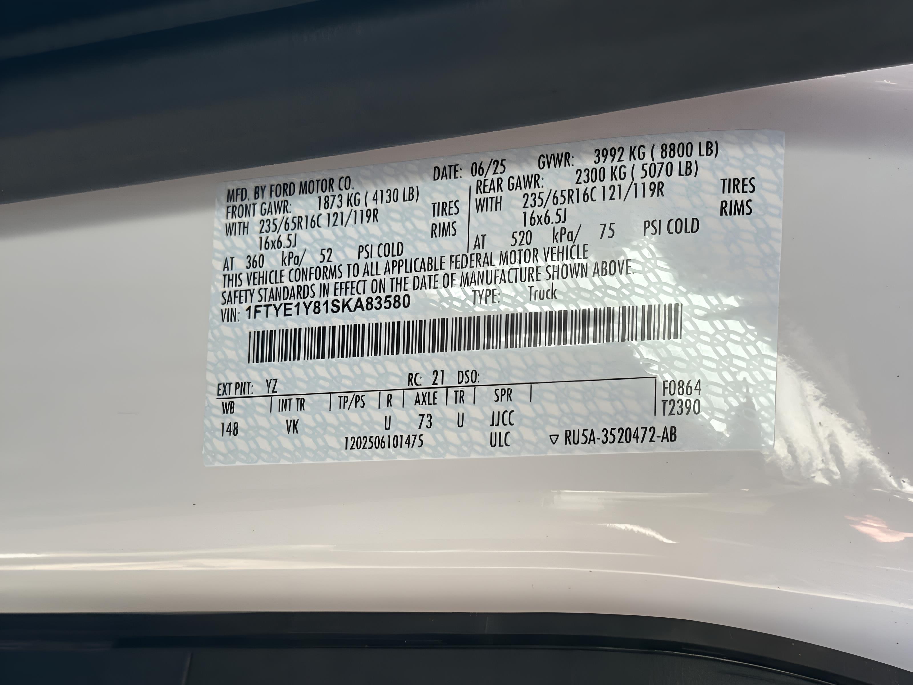 2025 Ford Transit T-150 130" Low Rf 8670 GVWR RWD